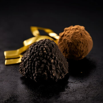  A truffle and a gold wrapper on an black background
