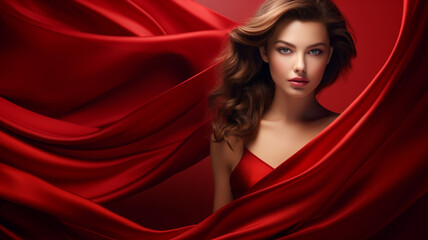 Beautiful young woman with luxurious red silk