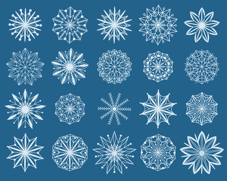 Beautiful snowflakes winter set. Winter openwork crystal jewelry. Collection of snowy cute decor for cards, banner, flyer and winter illustrations, clip art vector illustration