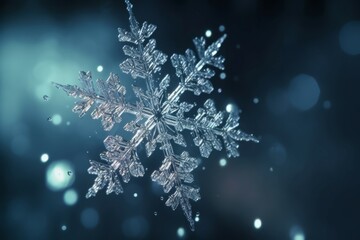 Snowflake falling down closeup photo. Winter nature snow wind layer. Generate Ai