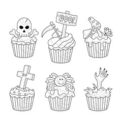 Six different Halloween muffins. Coloring book for children. Set of sweets.