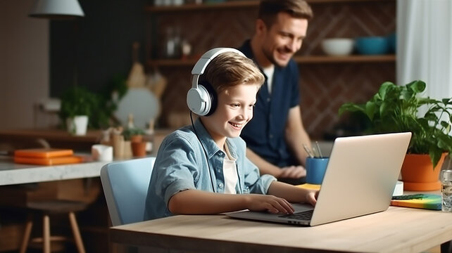 Boy in headphones is using laptop and studying online at home.