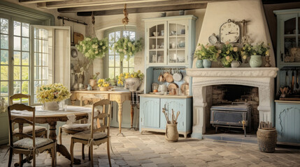 Fototapeta na wymiar French Country home interior kitchen, Reflecting the rural regions of France, it includes light colors, rustic furniture, Toile-de-Jouy fabrics, and vintage items