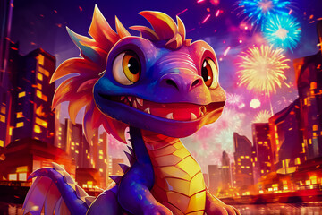 Close up of dragon on city street with fireworks in cartoon style. Chinese New Year greeting card.