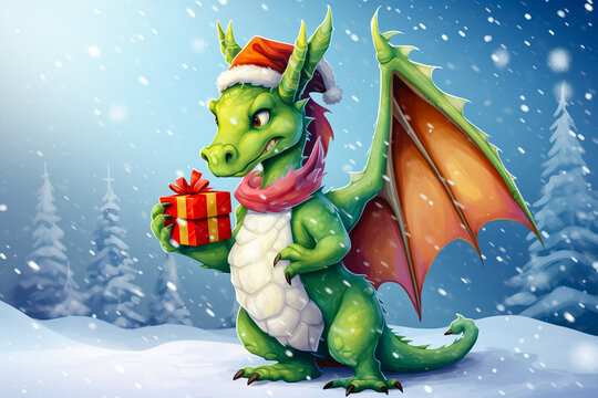 Cartoon Christmas scene with green dragon with Santa Claus hat.