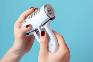Woman modern epilator on blue background. Care body epilation with home tool. Generate Ai
