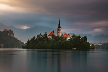 Fototapeta premium Amazing View On Bled Lake, Island,Church And Castle With Mountain Range