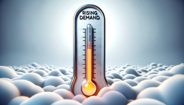 3D render of a thermometer with the mercury level rising and bursting out the top. The words RISING DEMAND are engraved on the thermometer, indicating the soaring levels of interest or need.