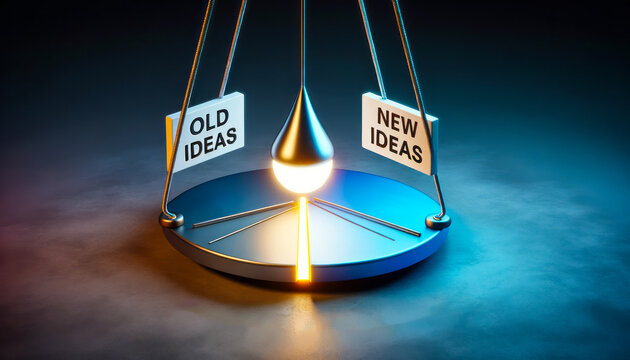 3D render of a pendulum swinging between two zones labeled Old Ideas and New Ideas. As the pendulum reaches the New Ideas zone, it glows brighter, signifying the embrace of a Paradigm Shift.