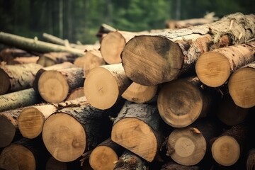 Fototapeta premium Wood logs forest stack. Nature tree natural lumber material. Generate Ai