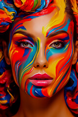 Slim woman's face is painted with multicolored face paint.
