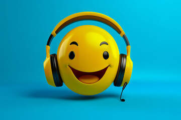 Smiley face with headphones on solid color background.