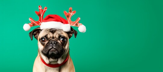 happy christmas dog pug breed wearing deer antlers isolated on green background, banner background Xmas card, copy space for text 