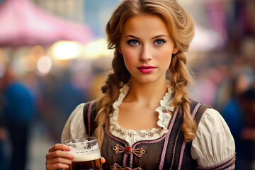 Stunning and beautiful Germans women in traditionally dressed at the Munich Oktoberfest beer festival.