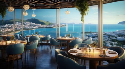 Panoramic hotel restaurant overlooking the ocean or cityscape. Generative AI - obrazy, fototapety, plakaty