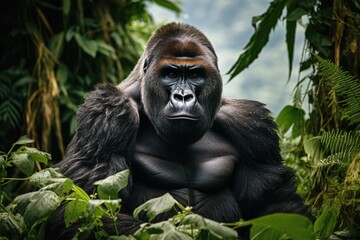 Obraz premium An amazing portrait of an endangered silverback mountain gorilla in wilderness. Generative AI