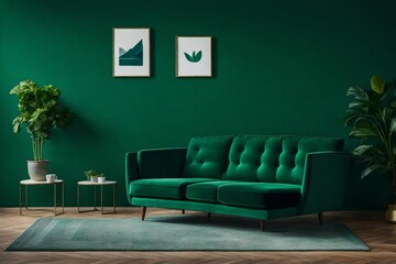 Living room with green armchair on empty dark green wall background