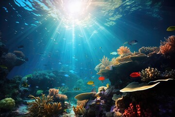 Naklejka na ściany i meble Exotic marine life and vibrant coral reefs. Generative AI