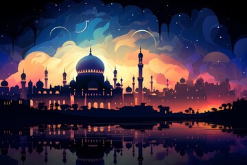 Dreamy Arabian night landscape at night fairy tale abstract background - generative ai