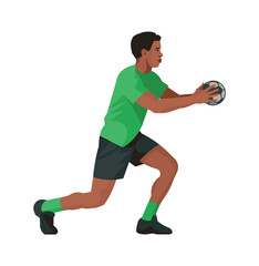 Mauritian handball player in a green T-shirt stands with one knee bent and holds the ball in his hands