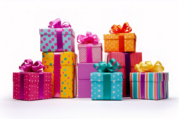 Obraz premium Clipart various-sized boxes wrapped in vibrant papers on white background.