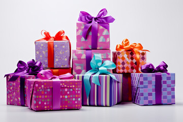 Obraz premium Clipart various-sized boxes wrapped in vibrant papers on white background.