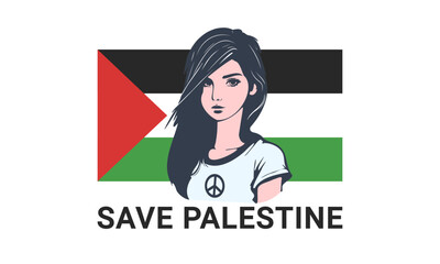 Vector poster with the inscription, save Palestine. Portrait of a young girl wearing a T-shirt with a peace symbol against the background of the Palestinian flag. White isolated background.