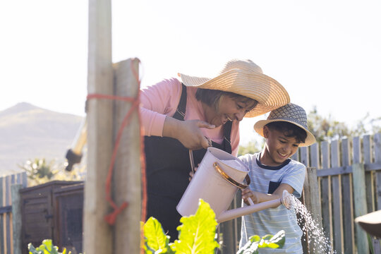 Happy biracial grandmother and grandson watering plants in sunny garden - Powered by Adobe