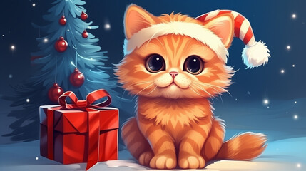 Süße rote Katze an Weihnachten - obrazy, fototapety, plakaty