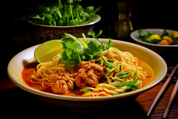 Khao-soi Northern Thai curry noodles. Traditional Thai dishes.