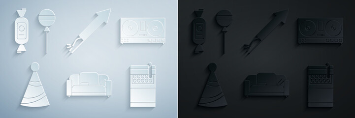 Set Sofa, DJ remote for playing and mixing music, Party hat, Open cigarettes pack box, Firework rocket and Lollipop icon. Vector