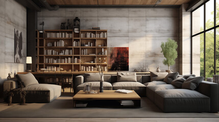 Step into an industrial-style loft living room, showcasing a stylish and contemporary interior with a sofa, wooden tables, and a striking concrete wall.