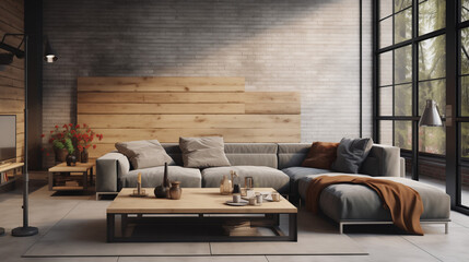 Experience an industrial-themed loft living room, designed in a stylish and modern manner, complete with a comfortable sofa, wooden tables, and a sleek concrete wall
