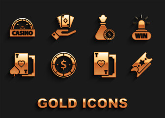 Set Casino chip with dollar, win, Lottery ticket, Playing card heart, Money bag and casino chips, signboard and Hand holding deck of playing cards icon. Vector