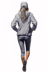 Rear backside view of female runner in hooded on white background. Rear view.