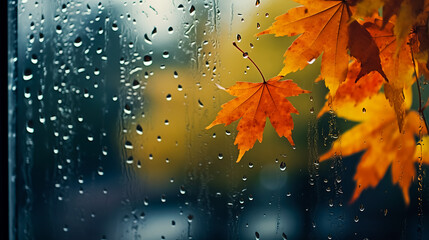 Rainy day with autumn leaves on window glass outdoor.