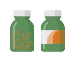 Green glass pill bottles, medicine or vitamin supplements containers.