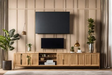 Cabinet for TV wall mounted with decoration in living room and cream color wall