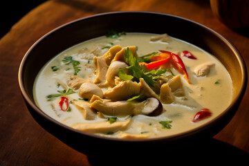 Tom Ka Gai Thai soup with coconut galangal and chicken. Traditional Thai dishes.