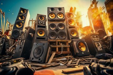 A bunch of speakers in a junkyard stacked on top of each.