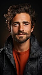 Obraz premium Closeup of happy smiling guy looking at camera on background. Man face portrait illustration. Generative AI