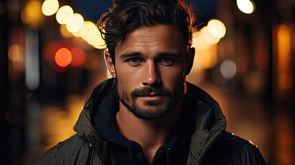 Face of handsome Hispanic man looking at camera. Man face portrait illustration. Generative AI