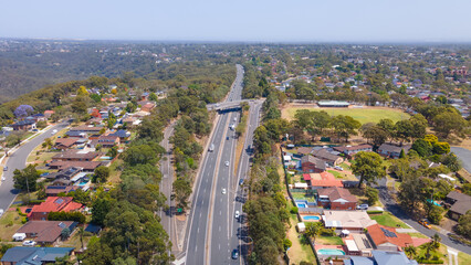 Aerial drone view of homes and streets above Bangor in the Sutherland Shire, south Sydney, NSW...