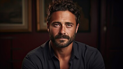 Casually handsome. Confident young handsome man in jeans shirt keeping arms crossed and smiling while standing against background. Man portrait illustration. Generative AI