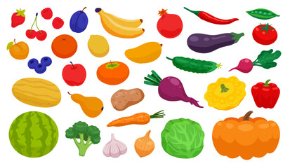 Fresh fruits, berries and vegetables collection in flat cartoon style, isolated on white background. Farm market icons. Healthy nutrition menu, vegetarian products, food set