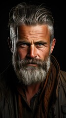 Obraz premium Head and shoulders portrait of a bearded middle-aged man looking thoughtfully at the camera over a background. Man face portrait illustration. Generative AI