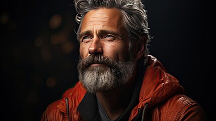 Sad bearded middle-aged man in casual sitting on couch at home, leaning on hands and looking down, upset man having problems, side view, copy space. Sad emotion illustration. Generative AI