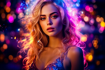 Beautiful young woman with bright makeup and bright lights.