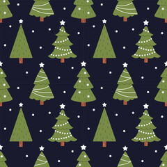 Obraz premium Vector seamless pattern with christmas trees. Snow and fir trees with garlands and balls on dark background. New Year and Christmas wrapping design.
