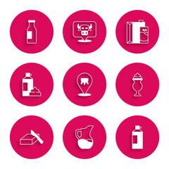 Set Udder, Milk jug or pitcher, Whipped cream in bottle, Milkshake, Butter butter dish, Paper package for milk and Bottle with icon. Vector